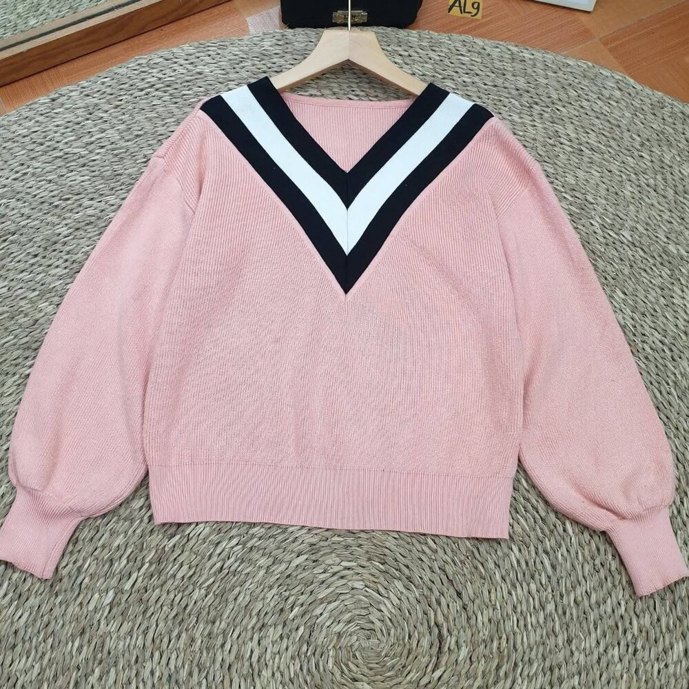 Pink Varsity V-Stripe Puff Sleeve Crop Knit Sweater